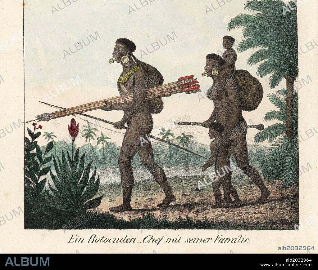 Botocudo chief carrying bow and long arrows and woman with blowpipe, Eastern Brazil, South America. Handcoloured lithograph from Friedrich Wilhelm Goedsche's "Vollstaendige Völkergallerie in getreuen Abbildungen" (Complete Gallery of Peoples in True Pictures), Meissen, circa 1835-1840. Goedsche (1785-1863) was a German writer, bookseller and publisher in Meissen. Illustration adapted from a print in Maximilian von Wied-Neuwied's "Travels in Brazil, 1815-1817".
