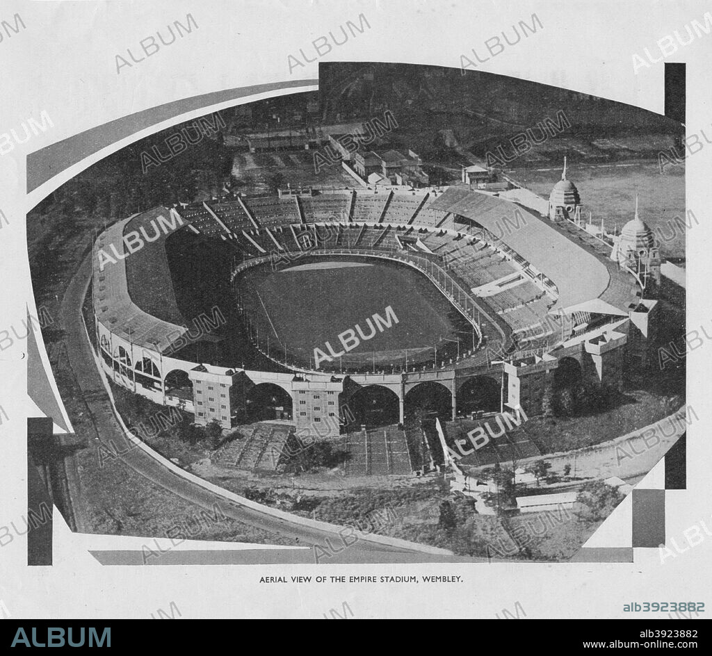 Aerial View of the Empire Stadium, Wembley, 1937. Wembley Stadium (formerly known as the Empire Stadium), was a football stadium located in Wembley, London, England, that stood on the site now occupied by the new Wembley Stadium. From The Festival of Youth. [McCorqudale & Co. Ltd, London, 1937].