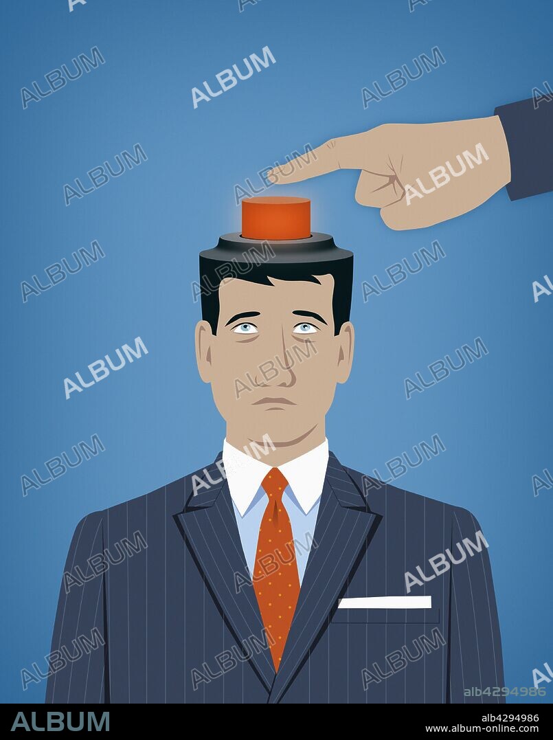 Someone pressing red button on top of man's head.