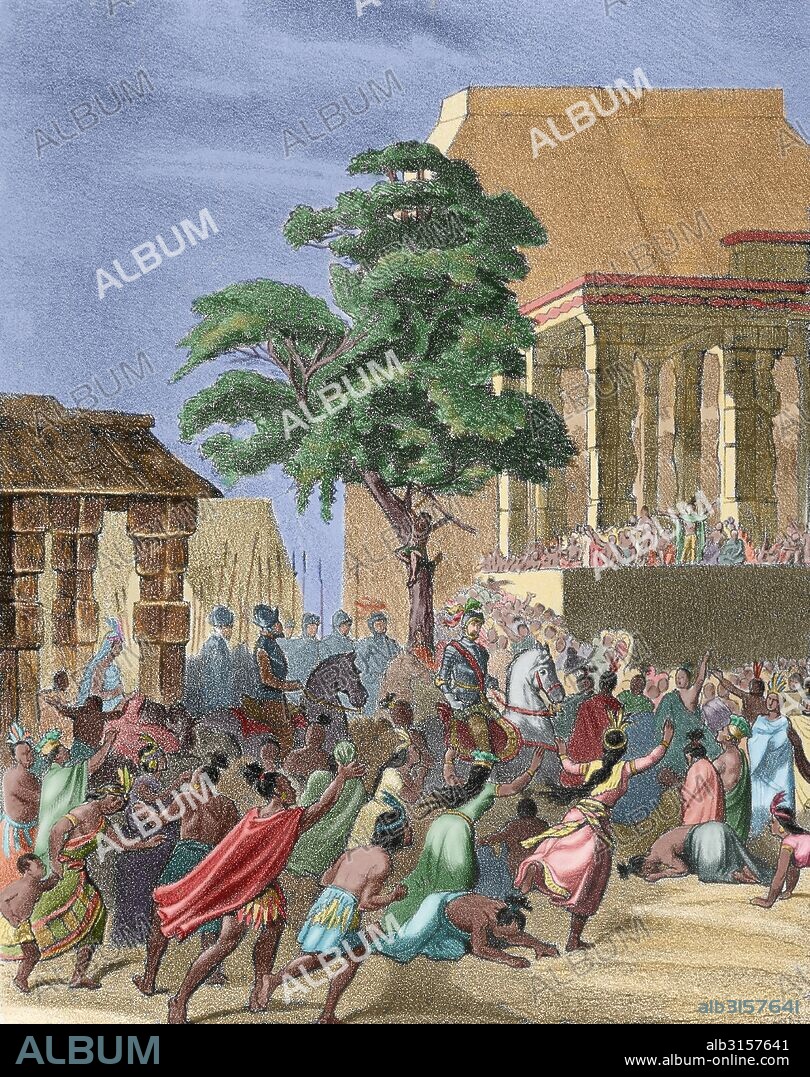 CONQUISTA DE MEXICO (1519). Despúes de vencer a los indios en Otumba, los españoles tuvieron que refugiarse en la ciudad amiga de Tlaxcala, donde se preparó la segunda conquista de Tenochtitlán (1521). "ENTRADA TRIUNFAL DE LOS ESPAÑOLES EN TLAXCALA". Grabado de "Historia de España", siglo XIX. Coloreado.