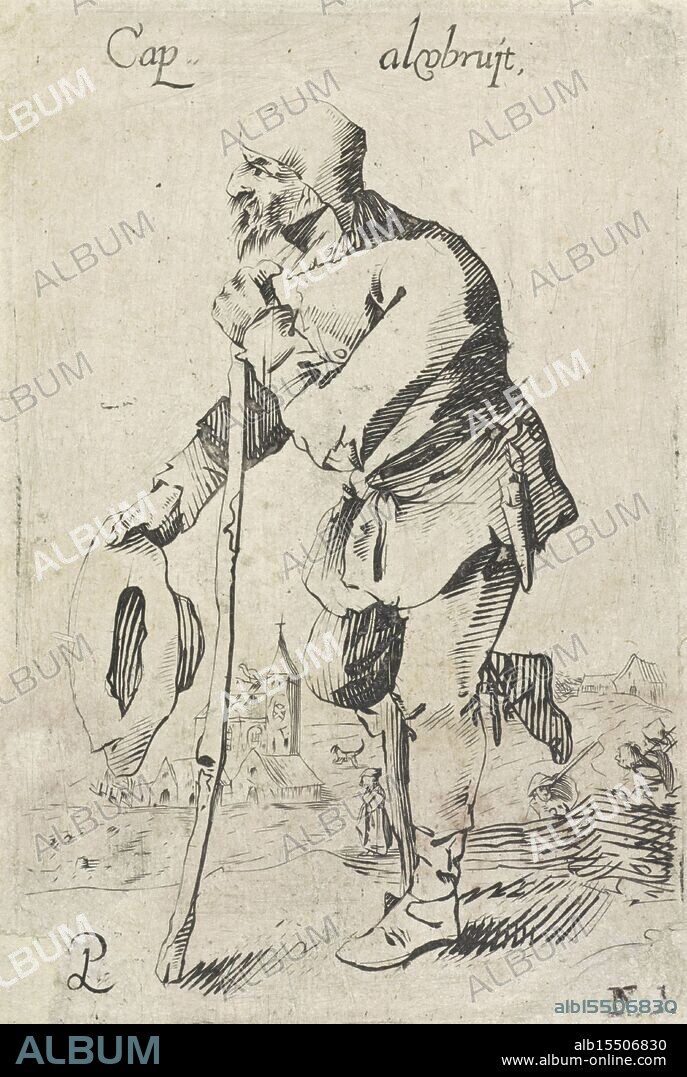 Quast, Pieter Jansz., Savery, Salomon, Rotterdam, Voskens, Reinhard, Life of the farmer, Crippled man leaning on stick, recto bottom right - stamped, hat in hand. Top: Cap. alv[er]bru[i]jt., print, prints, verso - stamped, height 123 mm, width 80 mm, Dutch, 1623 - 1685, print maker, printmaker, 1633 - 1665, paper, engraving, engraving (printing process), Work conception, Northern Netherlands, 1594 - 1683-10-16, after print by, 1606 - 1647-06.