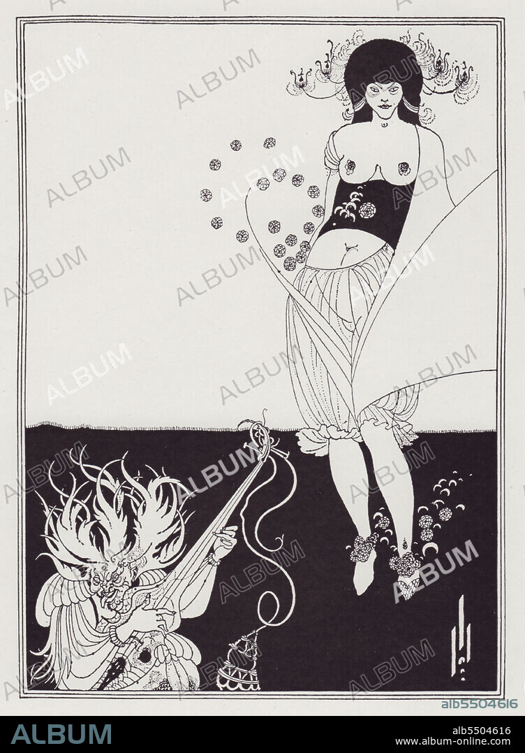 AUBREY BEARDSLEY. The Stomach Dance, 1893. Salome, wearing a peacock feather headdress, performs the dance of the seven veils. A grotesque figure plays a stringed instrument, his phallus barely disguised as part of his clothing. Illustration for "Salome" by Oscar Wilde, [John Lane, 1894]. From "The Best of Beardsley" edited by R. A. Walker, [The Bodley Head, London, 1948].