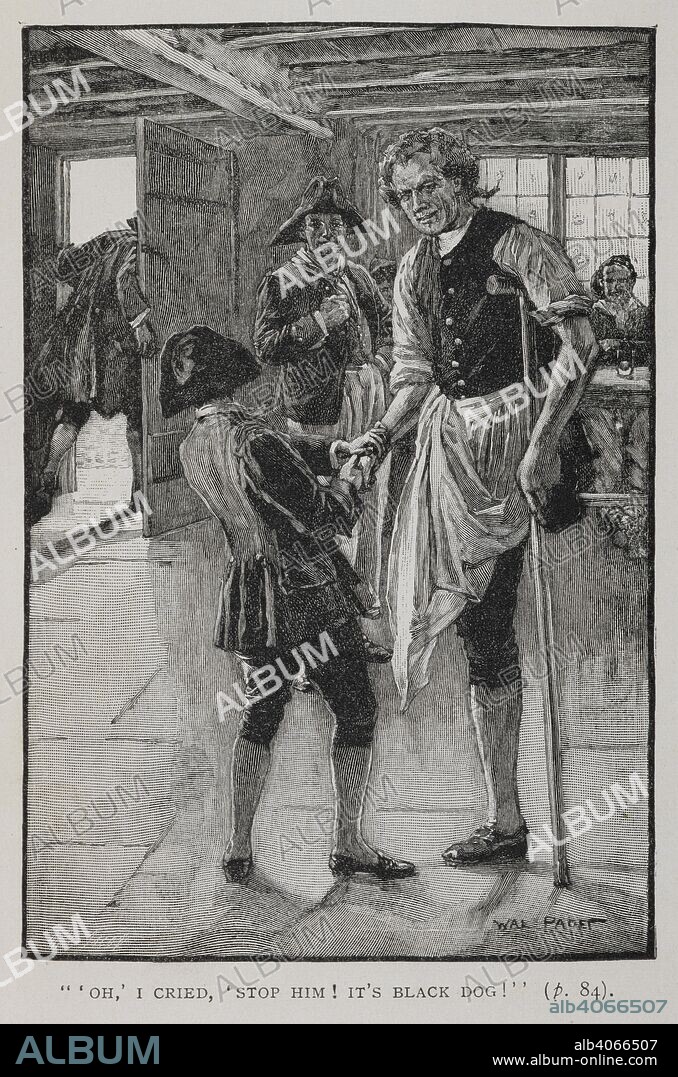 ROBERT LOUIS STEVENSON und WALTER PAGET. Jim Hawkins talking to Long John Silver, as 'Black Dog' leaves the 'Spy-Glass' inn. Treasure Island ... New edition, with original illustrations by Wal Paget. London : Cassell & Co., 1899. Source: 012624.f.3 opposite page 84. Language: English.