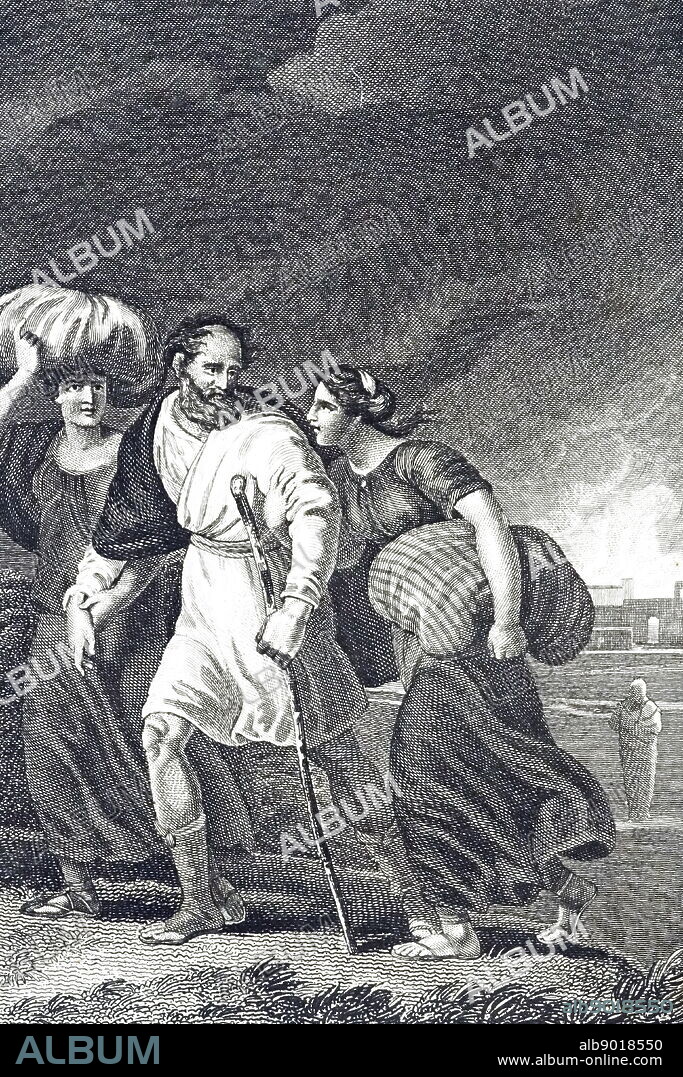 An engraving depicting Lot fleeing Sodom and Gomorrah when an earthquake circa 1900 BC destroyed them. In the background (right) is Lot's wife turned into a pillar of salt because she looked back. There is evidence of a massive earthquake in the area at this date, and the legend of fire and brimstone could well have arisen from the escape of petroleum gases. Engraved by William Marshall Craig (1765-1827) an English painter. Dated 19th century.