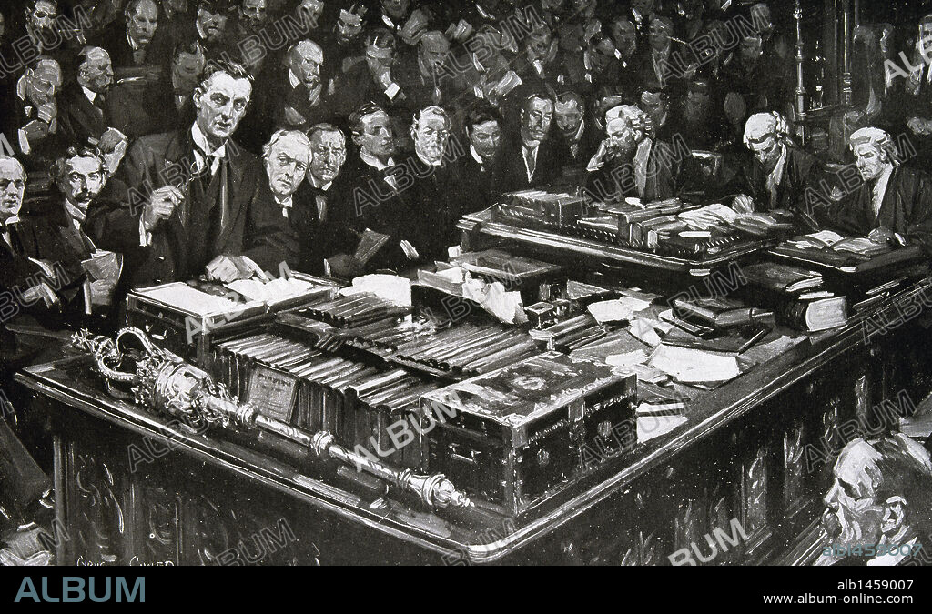 HISTORIA DE INGLATERRA. SIGLO XX. "DISCURSO DE SIR EDWARD GREY, MINISTRO DE ASUNTOS EXTERIORES, EN LA CAMARA DE LOS COMUNES". Grabado del año 1911.