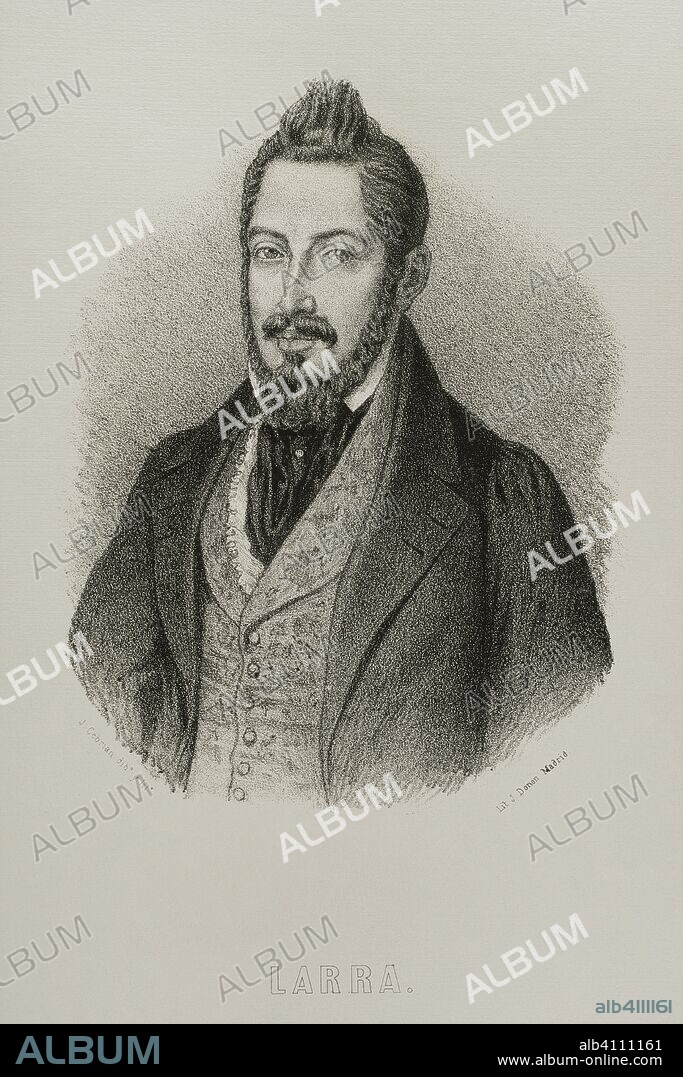 Mariano Jose de Larra y Sanchez de Castro (1809-1837). Spanish writer, journalist and politician. He belonged to the literary movement of Romanticism. Drawing by Jose Cebrian. Portrait. Lithography. Cronica General de Espa–a, Historia Ilustrada y Descriptiva de sus Provincias. Castilla-La Nueva, 1869.