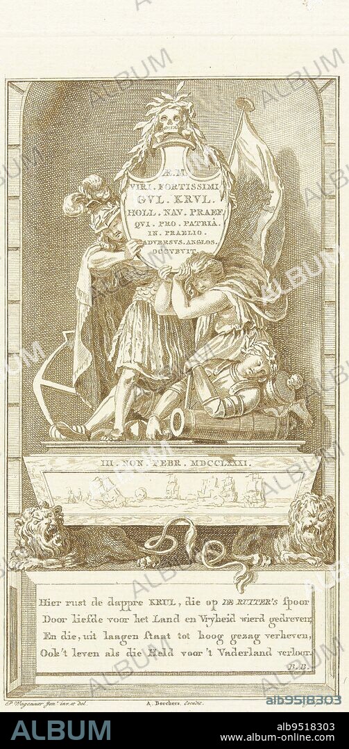 Tomb for Admiral Willem Krul, Cornelis Brouwer, after Pieter Wagenaar (II), 1781 - 1803, Tomb for Admiral Willem Krul with three soldiers carrying shield with inscription on a tomb. The tomb is carried by two reclining lions and the side panel depicts a naval battle with the moment Krul's ship sinks and he dies during the battle against the British off St. Eustatius in 1781. Below the monument is a verse signed with the initials B.B.., print maker: Cornelis Brouwer, (mentioned on object), intermediary draughtsman: Pieter Wagenaar (II), (mentioned on object), publisher: Albrecht Borchers, (mentioned on object), 1781 - 1803, paper, etching, h 173 mm - w 115 mm.