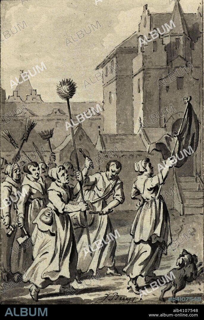 Trijn Leemput, together with Utrecht women, is pulling up to end Vredenburg castle, February 1577. Draughtsman: Jacobus Buys (signed by artist). Dating: 1780 - 1795. Measurements: h 82 mm × w 56 mm.