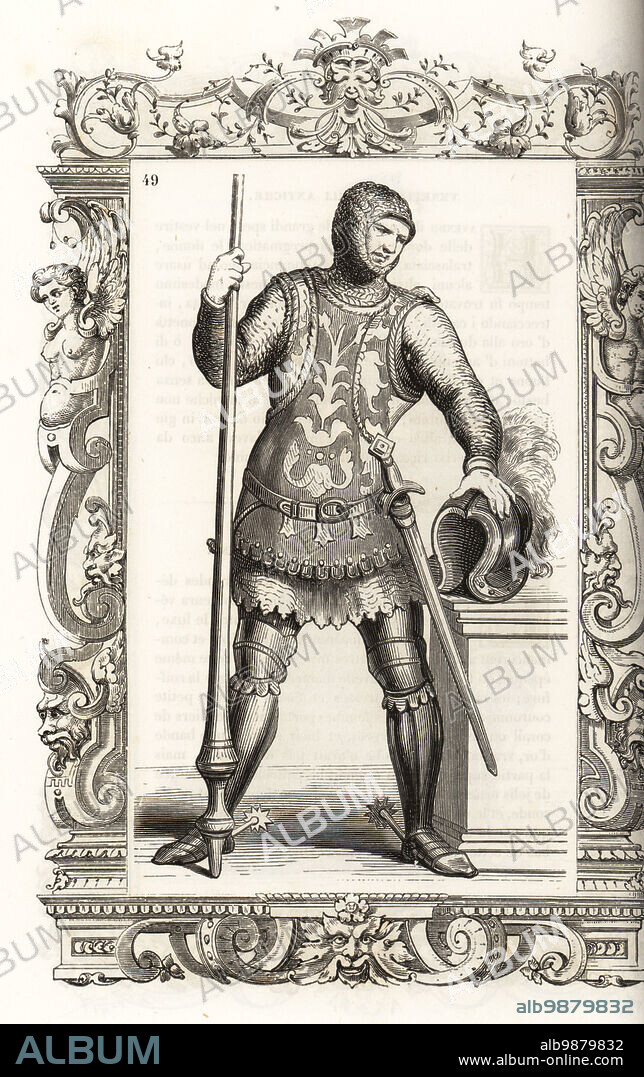 Venetian in armor of the 12th century. He wears a suit of chainmail armor, armorial tunic, belt with sword and scabbard, plate armor greaves with spurs. He holds a lance and helm with plume. Within a decorative frame engraved by H. Catenacci and Fellmann. Woodblock engraving by Gerard Seguin and E.F. Huyot after a woodcut by Christoph Krieger from Cesare Vecellios 16th century Costumes anciens et modernes, Habiti antichi et moderni di tutto il mondo, Firman Didot Ferris Fils, Paris, 1859-1860.