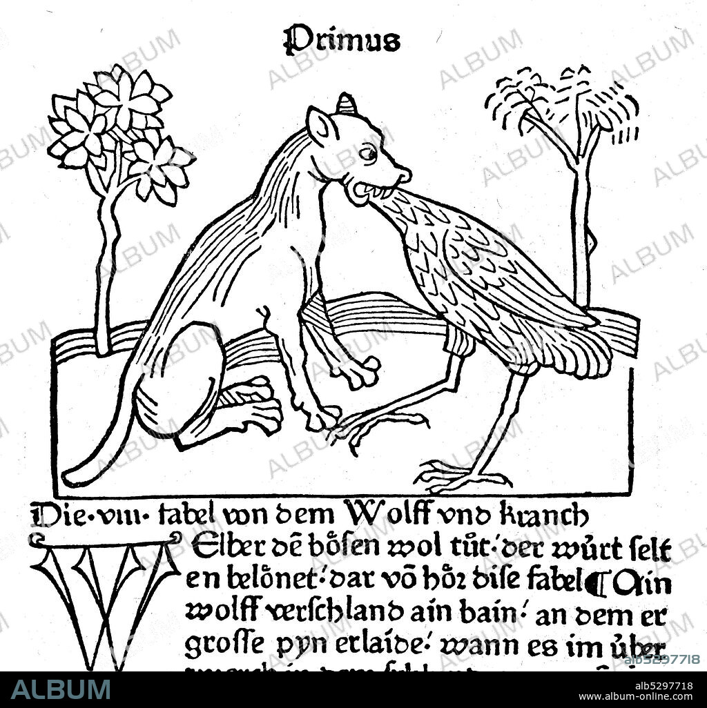 The fable of the Wolf and the Crane, from the book and life of the fabulist Aesopi, 1475, the Wolf and the Crane, Lupus et Gruis  /  Die Fabel von dem Wolf und dem Kranich, aus dem Buch und Leben des Fabeldichters Aesopi, 1475, der Wolf und der Kranich, Lupus et Gruis, Historisch, historical, digital improved reproduction of an original from the 19th century / digitale Reproduktion einer Originalvorlage aus dem 19. Jahrhundert.