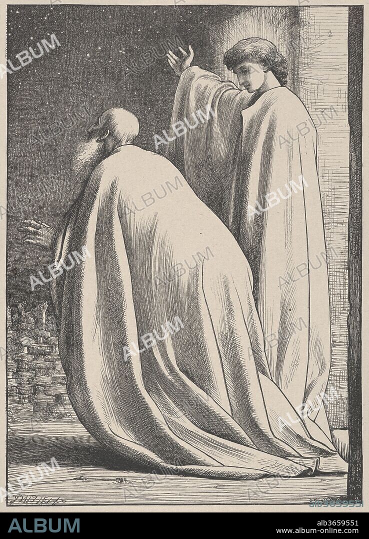 Abram and the Angel (Dalziels' Bible Gallery). Artist: After Frederic, Lord Leighton (British, Scarborough 1830-1896 London). Dimensions: Image: 8 3/8 in. × 6 in. (21.2 × 15.2 cm)
India sheet: 10 9/16 × 7 15/16 in. (26.8 × 20.2 cm)
Mount: 16 7/16 in. × 12 15/16 in. (41.8 × 32.8 cm). Engraver: Dalziel Brothers (British, active 1839-1893). Printer: Camden Press (British, London). Publisher: Scribner and Welford (New York, NY). Date: 1865-81.