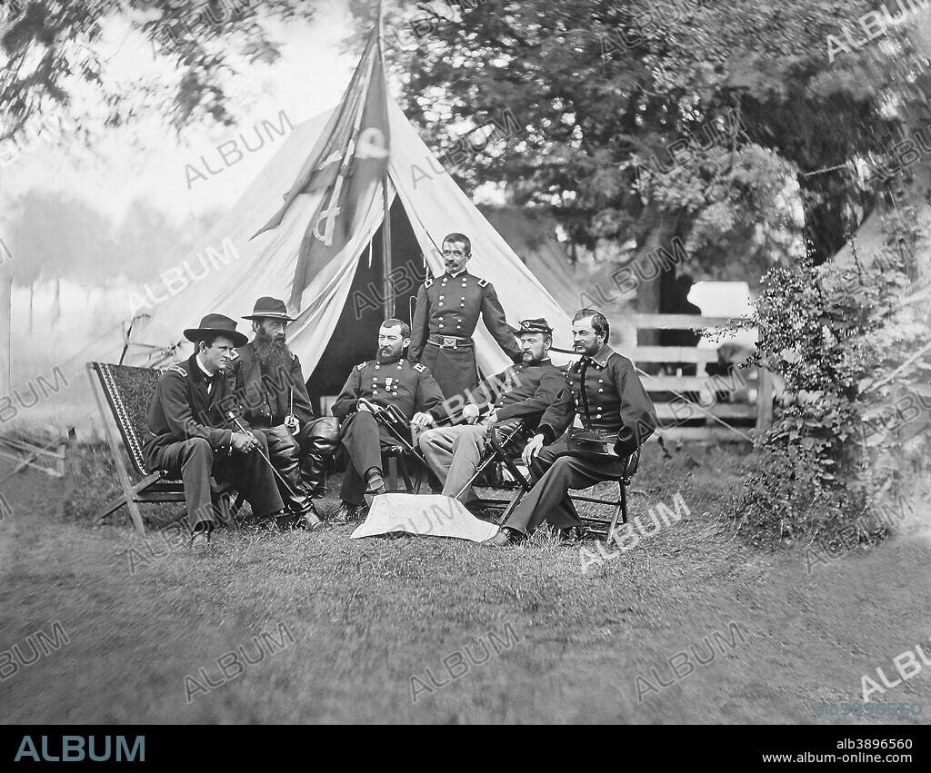 General Philip Sheridan, General Wesley Merritt, General David McMurtrie Gregg, General Jefferson Columbus Davis, General James Harrison Wilson, General Alfred Torbert. American Civil War, 1861-1865. This photo has been digitally restored.