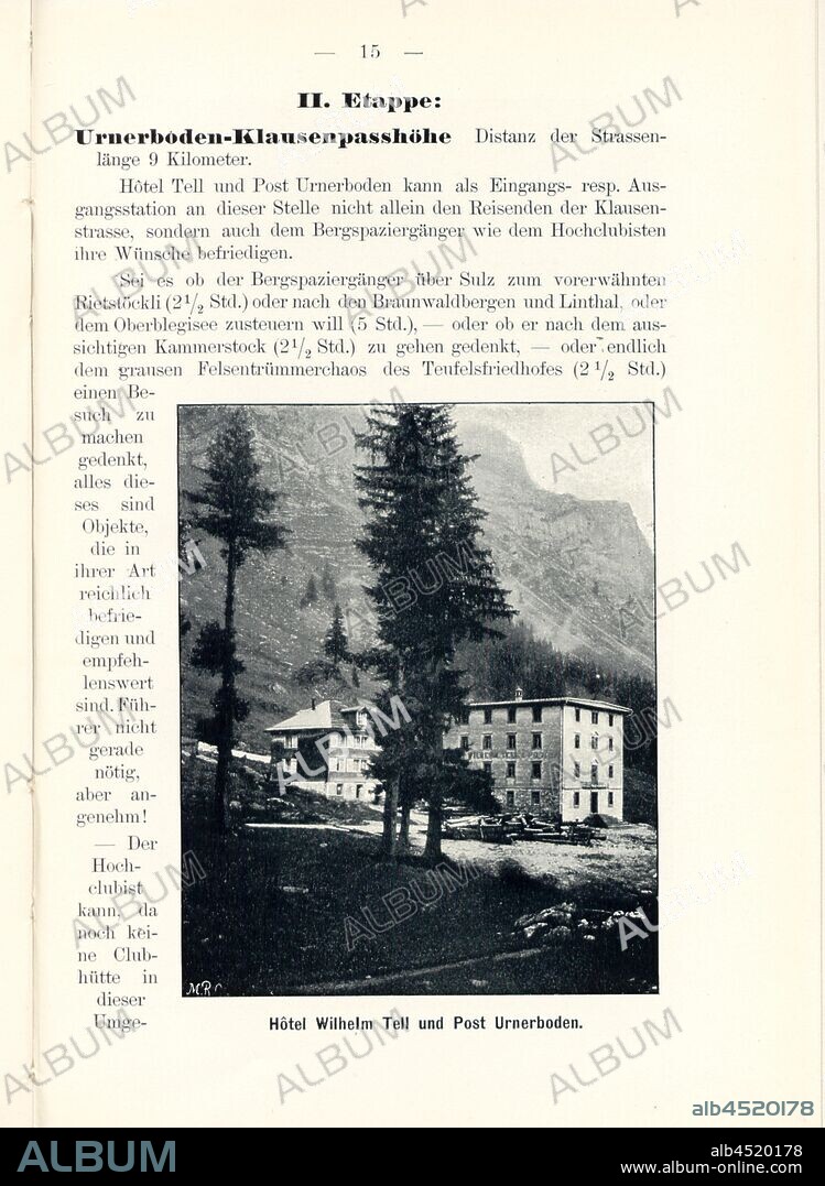 Hotel Wilhelm Tell and post office Urnerboden, Urnerboden in Canton Uri, Signed: M.R.C, Fig. 13, p. 15, Meisenbach, Riffarth und Co. (imp.), 1900, J. Knobel: Illustrierter Reisebegleiter für die Alpenstrasse des Klausen und ihre Zufahrtslinien. Glarus: Buchdruckerei J. Spälti, 1900.