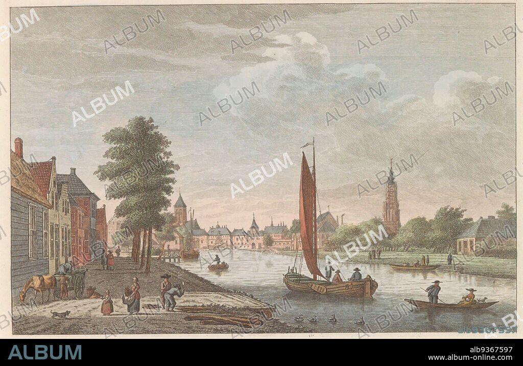 View of Amersfoort, ca. 1790, Delft from the Vaart view, Delft prise du Cote de la riviere dit le Schie (title on object), View of Amersfoort, seen from the Eem, ca. 1790. The title on the print incorrectly states that it is Delft. Part of a plate work from c. 1824-1825 containing 74 (unnumbered) plates of the most important topographical views and various customs in the United Kingdom of the Netherlands., print maker: Carel Frederik Bendorp (I) (mentioned on object), intermediary draughtsman: Jan Bulthuis, print maker: Netherlands, publisher: Amsterdam, 1786 - 1792 and/or 1824 - 1825, paper, etching, engraving, height 173 mm × width 244 mm.