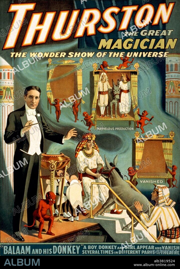 Entitled: "Thurston the great magician the wonder show of the universe" lithograph poster created by the Strobridge Lithographing Company, 1914. Magic has a long history of being associated with the devil and the dark arts. The explosion of devilish advertisements took place when magicians moved from using simple printed playbills to elaborate full color lithographs. Howard Thurston (July 20, 1869 - April 13, 1936) was an American stage magician. His childhood was unhappy and he ran away to join the circus, where his future partner Harry Kellar also performed. Thurston was deeply impressed after he attended magician Alexander Herrmann's magic show and was determined to equal his work. He eventually became the most famous magician of his time. His traveling magic show was the biggest one of all; it was so large that it needed eight train cars to transport his road show. He is still famous for his work with playing cards. He continued presenting the Thurston-Kellar Show following the retirement of Kellar. The Thurston show became an institution. He kept up the grind for about thirty years until, on March 30, 1936, he suffered a stroke from a cerebral hemorrhage. He died two weeks later at the age of 66. His death was attributed to pneumonia.