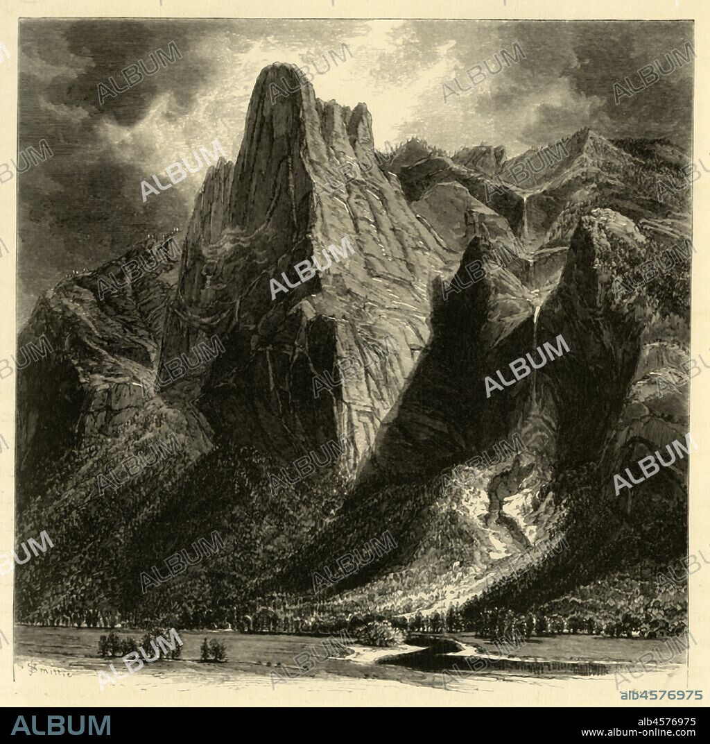 W. H. MORSE. 'Sentinel Rock and Fall', 1872. The granite Sentinel Rock, and Sentinel Falls, Yosemite National Park, California, USA. Sentinel Falls is a tiered waterfall 1,920 feet (590 metres) high. From "Picturesque America; or, The Land We Live In, A Delineation by Pen and Pencil of the Mountains, Rivers, Lakes...with Illustrations on Steel and Wood by Eminent American Artists" Vol. I, edited by William Cullen Bryant. [D. Appleton and Company, New York, 1872].