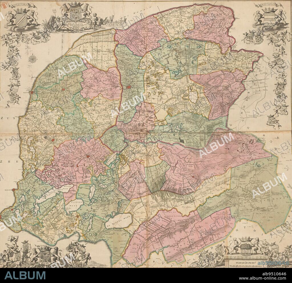 Map of Friesland, Nieuwe caert van Frieslant (...) (title on object), Top left the arms of Westergo and the nine grietenijen of this quarter. To the right the title cartouche, surrounded by the arms of Friesland, water gods, a putto and a triton. Next to it a farmer and peat cutters at work. Bottom left the arms of the Frisian cities. Top right the arms of Oostergo and the eleven grietenijen of this quarter. Bottom right the arms of Zevenwouden and the ten municipalities of this quarter. Below that two scale poles: 1200 konings roeden maaken een uure gaans, Een Duytsche myl van 15 in een graadt welke 2000 konings roeden uyt maaken., print maker: anonymous, Bernardus Schotanus à Sterringa, publisher: Reinier Ottens (I) & Josua, (mentioned on object), Friesland, publisher: Amsterdam, publisher: Leeuwarden, Friesland, 1739, paper, engraving, etching, height 1132 mm × width 1247 mm.