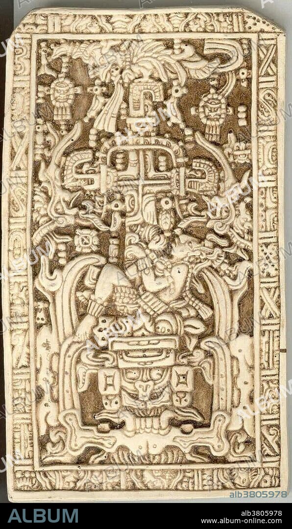 K'inich Janaab' Pakal (March 603 - August 683) was ruler of the Maya polity of Palenque in the Late Classic period of pre-Columbian Mesoamerican chronology. During his 68 year reign he was responsible for the construction or extension of some of Palenque's most notable surviving inscriptions and monumental architecture. The large carved stone sarcophagus lid in the Temple of Inscriptions is a unique piece of Classic Maya art. Around the edges of the lid is a band with cosmological signs for sun, moon, and star, as well as the heads of six named noblemen. The central image is that of a cruciform world tree. Beneath Pakal is one of the heads of a celestial two headed serpent. Both the king and the serpent head on which he rests are framed by the open jaws of a funerary serpent, a common iconographic device for signaling entrance into, or residence in, the realm(s) of the dead. The king himself wears the attributes of the Tonsured maize god, and is shown in a peculiar posture that may denote rebirth. Interpretation of the lid has raised controversy.
