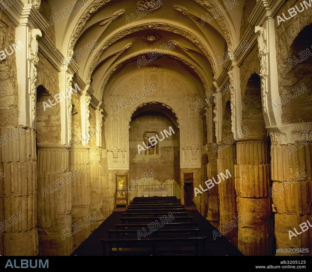 Spain. La Rioja. Tricio. Santa Maria de los Arcos Church. Interior with roman columns lining th sanctuary. Arches and domes are visigoths.