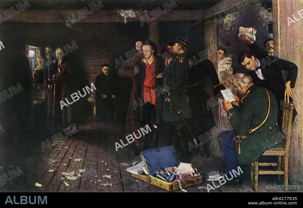 IL'YA REPIN. 'The Arrest of a Propagandist', 1880-1889, (1965). A man is held as officials go through his documents. Painting in the State Tretyakov Gallery, Moscow. From "Russian Painting of the 18th and 19th Centuries" by Vladimir Fiala. [Artia, Czechoslovakia, 1965].