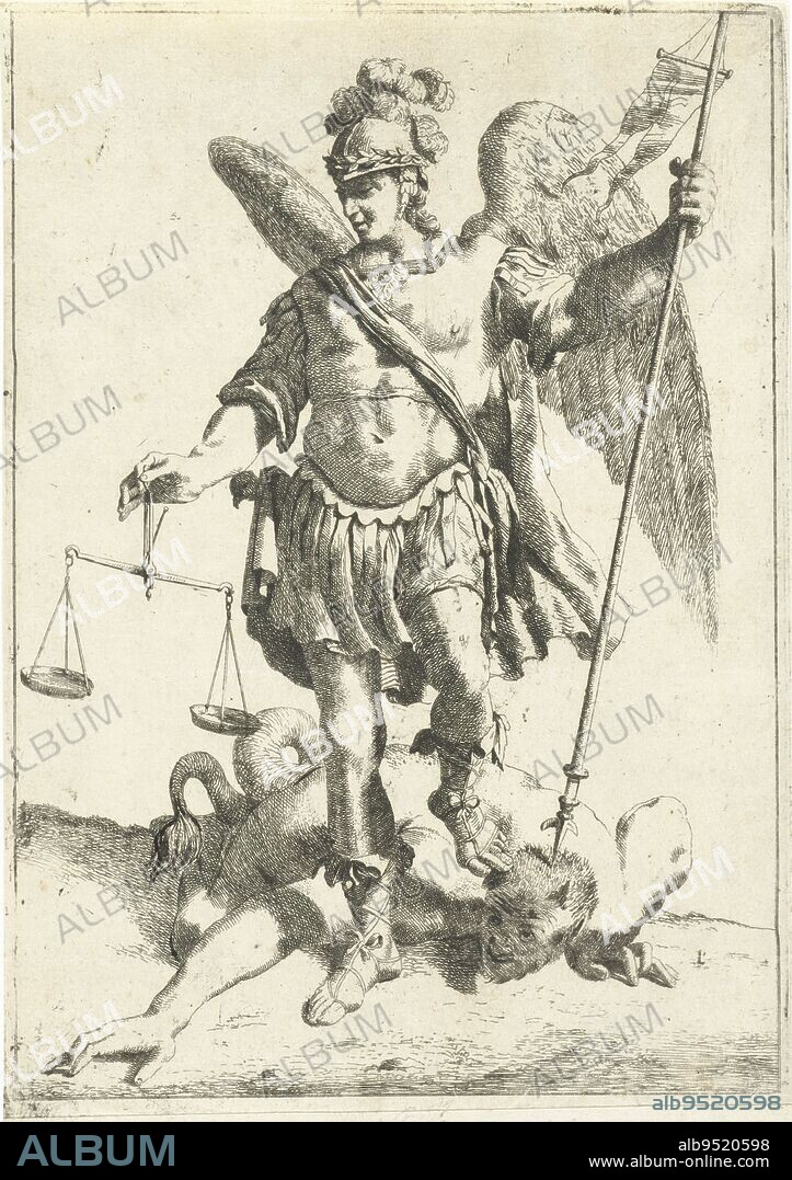The Archangel Michael restrains the dragon (the devil) with a lance and a foot. In his hand he holds a pair of scales, Archangel Michael and the Dragon, print maker: Jan Gerritsz. van Bronckhorst, , Noord-Nederland, c. 1613 - 1661, paper, etching, h 198 mm × w 137 mm.