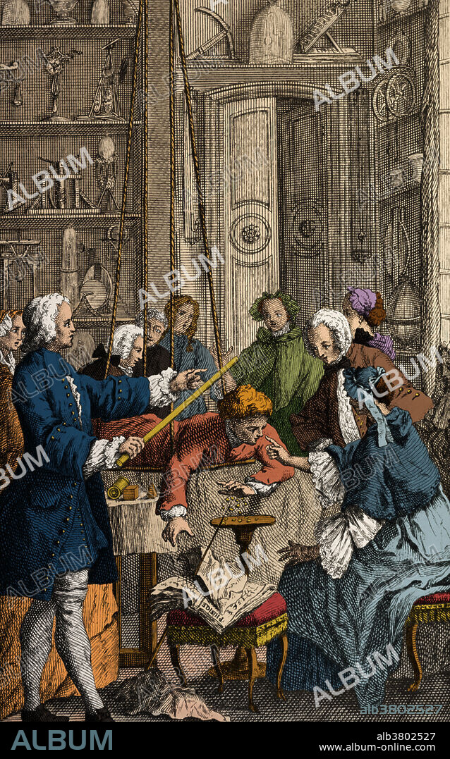 Nollet instructing his students about electricity. Jean-Antoine Nollet (November 19, 1700 - April 25, 1770) was a French clergyman and physicist. As a priest, he was also known as Abbe Nollet. He was primarily interested in the new science of electricity. He joined the Royal Society of London in 1734 and later became the first professor of experimental physics at the University of Paris. In 1746 he gathered about two hundred monks into a circle about a mile in circumference, with pieces of iron wire connecting them. He then discharged a battery of Leyden jars through the human chain and observed that each man reacted at substantially the same time to the electric shock, showing that the speed of electricity's propagation was very high. In 1748 he discovered the phenomenon of osmosis in natural membranes. He died in 1770 at the age of 69. This image has been colour enhanced.