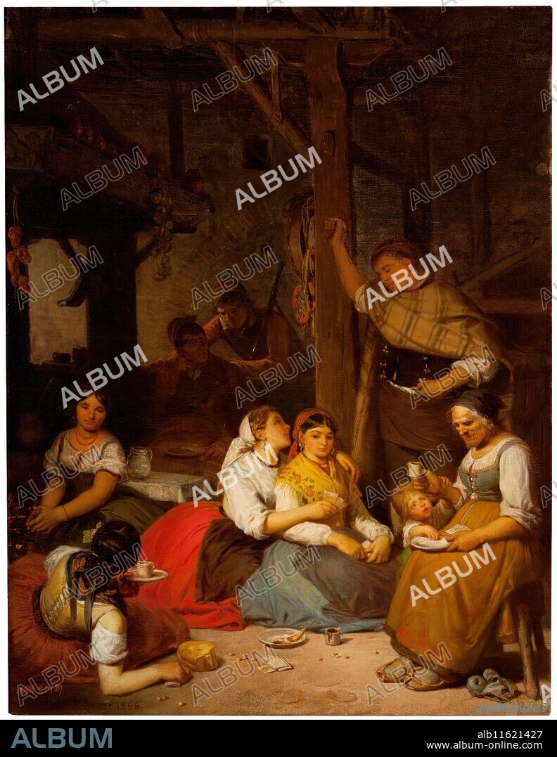 VALERIANO DOMÍNGUEZ BASTIDA BÉCQUER y VALERIANO DOMINGUEZ BECQUER. Valeriano Domínguez Bastida Bécquer / 'Interior de una casa de un pueblo de Aragón, cuando la familia se reúne por la tarde a tomar el chocolate'. 1866. Óleo sobre lienzo, 84 x 65 cm.
