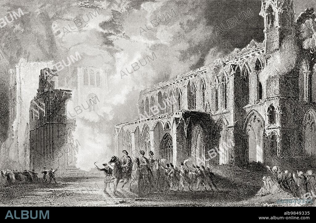 The destruction of Elgin Cathedral, Moray, Scotland in 1390 by Robert III's brother Alexander Stewart, Earl of Buchan, aka the Wolf of Badenoch. From Hutchinson's History of the Nations, published 1915.