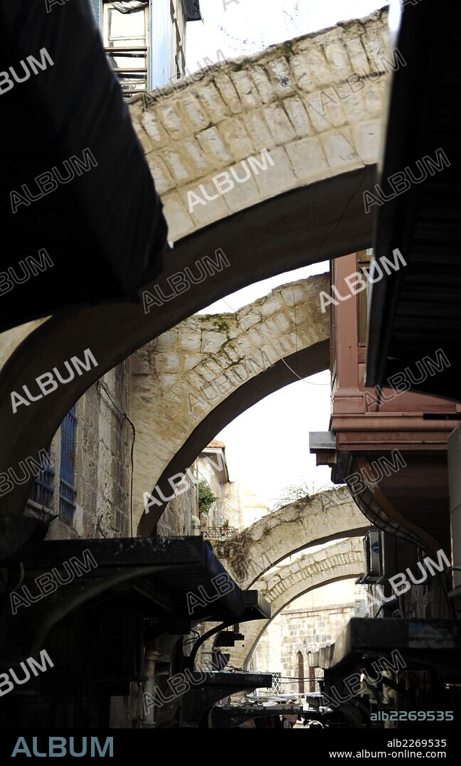 Israel. Jerusalem. Via Dolorosa. Street of Old City, which traditionally Jesus walked carrying the cross, way to his crucifixion. Arch.