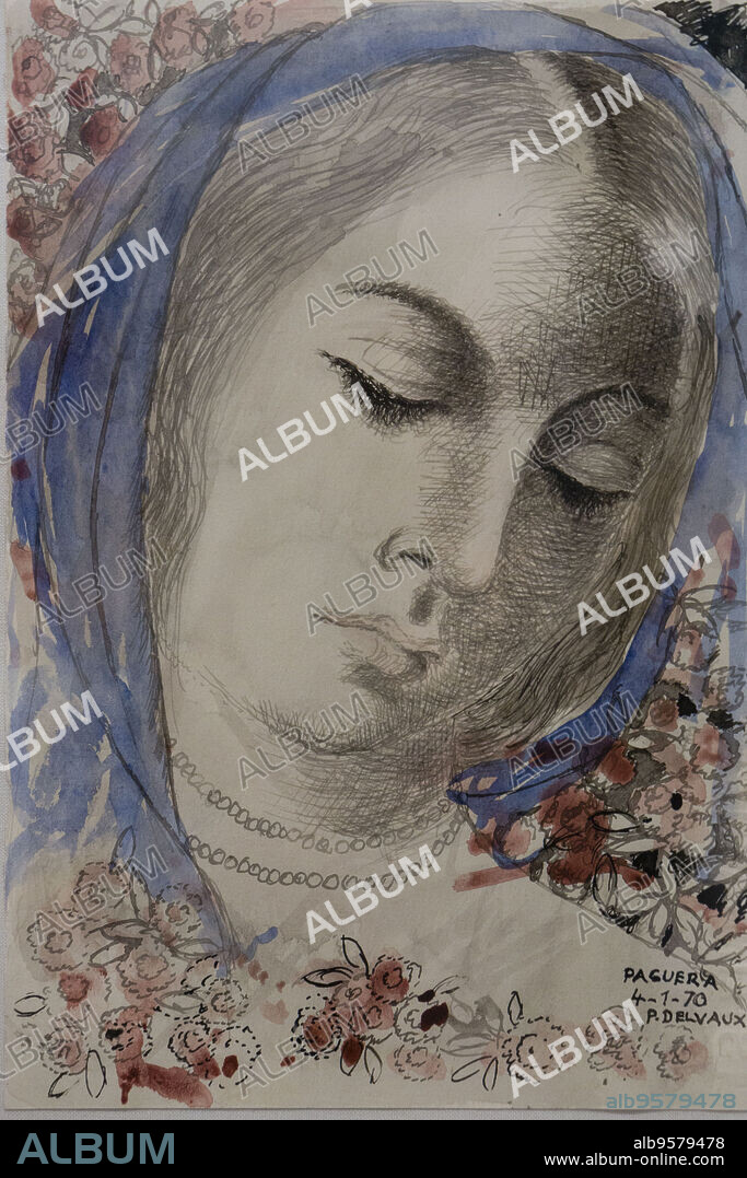 portrait de femme, 1970, acuarela lapiz y tinta sobre papel, Paul Delvaux, museo modernista de Can Prunera, siglo XX, Soller, Sierra de Tramuntana, Mallorca, balearic islands, spain, europe.
