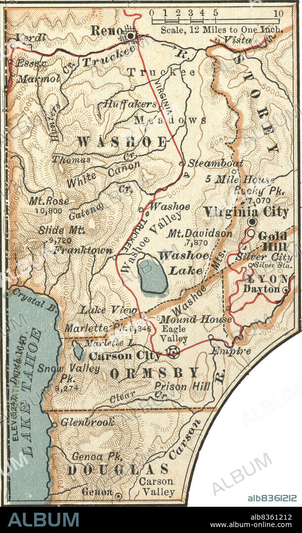 Map of Carson City with Virginia City and Reno.