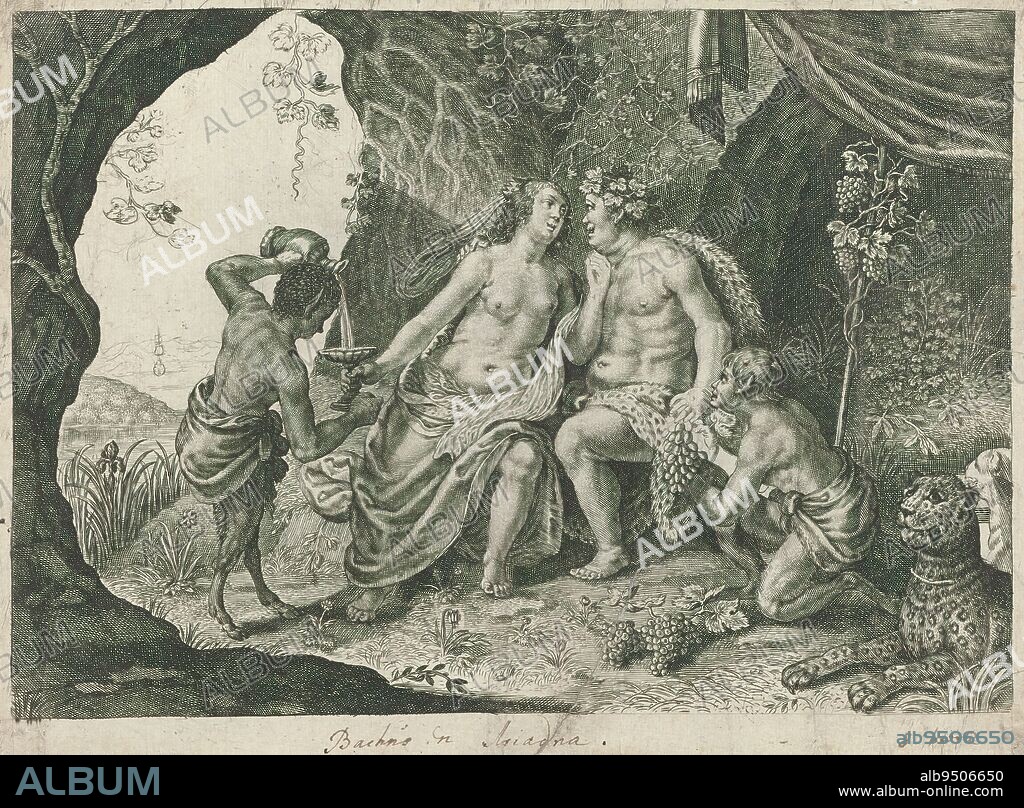 Marriage of Bacchus and Ariadne, Metamorphoses by Ovid (series title), The crowned Ariadne sits beside Bacchus, while a satyr fills her drinking vessel. Another satyr kneels. In front are the leopards that normally pull Bacchus's chariot., print maker: Magdalena van de Passe, (possibly), publisher: Crispijn van de Passe (I), (attributed to), publisher: Crispijn van de Passe (II), (attributed to), c. 1636 - 1670, paper, engraving, height 171 mm × width 235 mm.