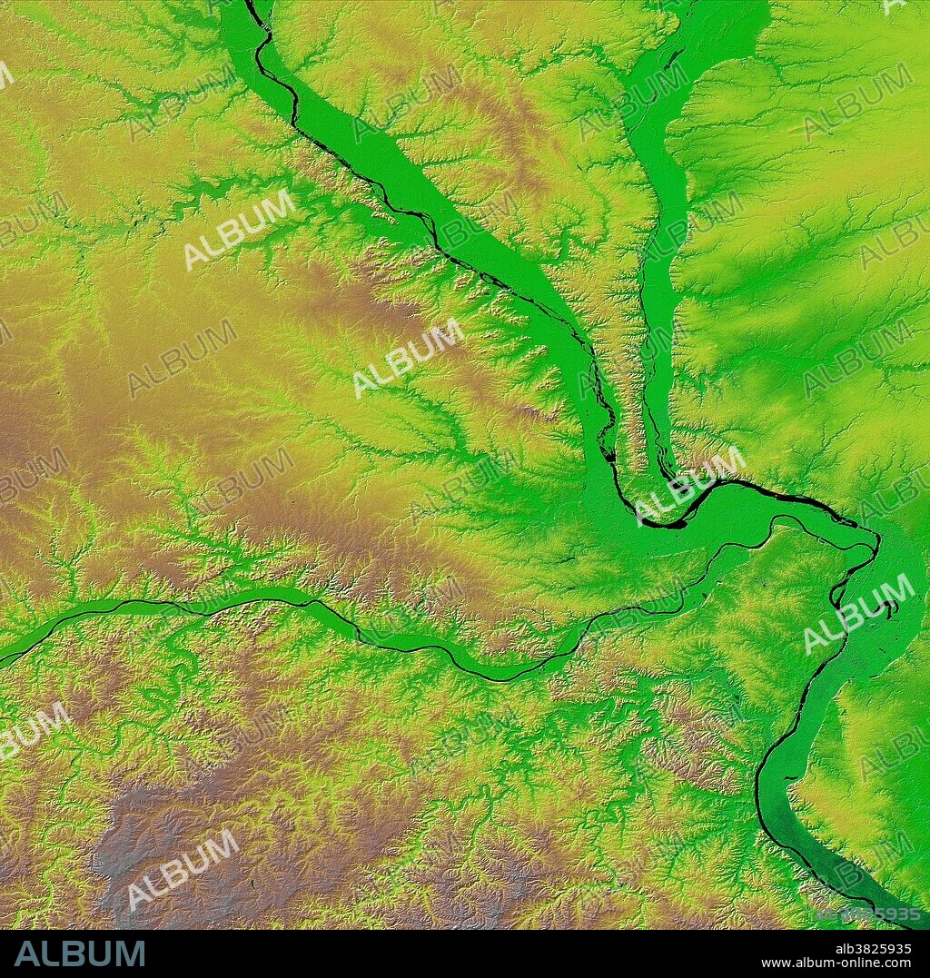 The confluence of the Mississippi, Missouri and Illinois rivers are shown in this view of the St. Louis area from the Shuttle Radar Topography Mission. The Mississippi flows from the upper left of the image and first meets the Illinois, flowing southward from the top right. It then joins the Missouri, flowing from the west across the center of the picture. The rivers themselves appear black here, and one can clearly see the green-colored floodplains in which they are contained. These floodplains are at particular risk during times of flooding. The Mississippi forms the state boundary between Illinois (to the right) and Missouri (to the left), with the city of St. Louis located on the Mississippi just below the point where it meets the Missouri. This location at the hub of the major American waterways helped establish St. Louis' reputation as the "Gateway to the West."....Two visualization methods were combined to produce this image: shading and color coding of topographic height. The shade image was derived by computing topographic slope in the northwest-southeast direction. North-facing slopes appear bright and south-facing slopes appear dark. Color coding is directly related to topographic height, with blue and green at the lower elevations, rising through yellow and brown to white at the highest elevations.....Elevation data used in this image was acquired by the Shuttle Radar Topography Mission (SRTM) aboard the Space Shuttle Endeavour, launched on Feb. 11, 2000.