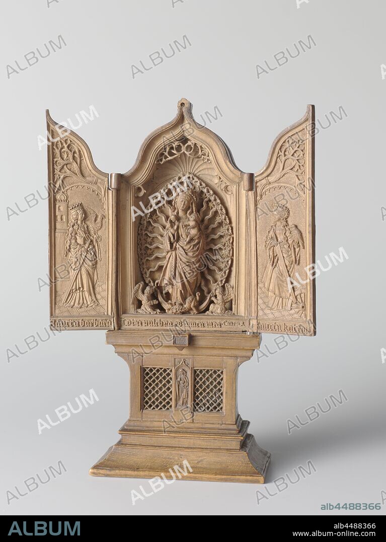 Triptych Miniature altar House altar or travel altar with Mary with child, flanked by Saint Barbara and Catherine, House altar or travel altar made of palm wood with carved representations. Middle part: Mary in halo and mandorla with the Christ child on her arm, on the opened side wings left St. Barbara, right St. Catharina. The outer sides of the wings with St. Christoffel on the left and St. Joris on the right. Under Maria the text: TOTA PULCHRA ES AMICA MEA. On the pedestal a relief of John the Evangelist and a transenna. At the back two doors, 'Marianum', Madonna in aureole or mandorla (surrounded by the rosary), Mary in the Glory, Madonna: Mary standing (or half-length), Christ-child close to her bosom, the virgin martyr Barbara, possible attributes: book, cannon (ball), crown, cross, chalice with wafer, Dioscuros (her father), peacock feather, sword, torches, mason's tools, tower, the virgin martyr Catherine of Alexandria, emperor Maxentius, palm-branch, ring, wheel, the giant and martyr Christophorus, possible attributes: palm tree (with bunches of dates, or withered), infant Christ, the warrior martyr George (Georgius), possible attributes: banner (red cross on white field), (red) cross, dragon, (white) horse, broken lance, shield (with cross), the apostle John the Evangelist, cauldron, chalet with snake, eagle, palm, scroll, Adam Dircksz (workshop of), c. 1500 - c. 1530, boxwood (hardwood), cutting, h 18.2 cm × w 14.5 cm × w 8.5 cm × d 4.5 cm.