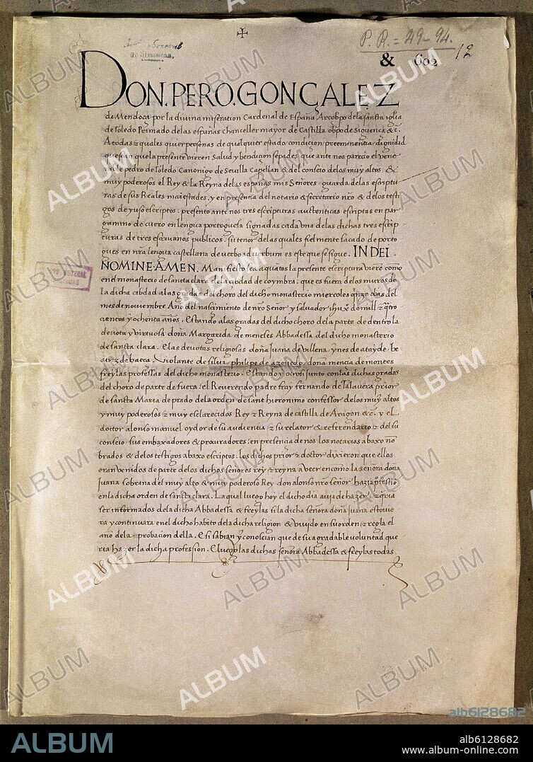 PRESENTACION DE LA PROFESION DE FE COMO MONJA DE CLAUSURA DE JUANA LA BELTRANEJA EN EL CONVENTO DE SANTA CLARA EN COIMBRA - 1480.