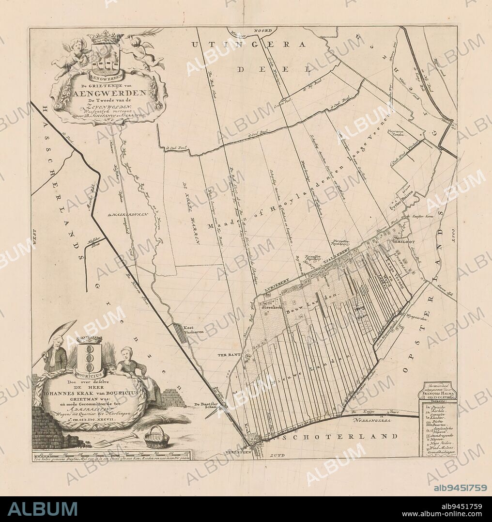 Map of the grietenij Aengwirden, De grietenije van Aengwerden de tweede van de Zevenwolden (...) (title on object), Top left cartouche with title and the coat of arms of Aengwirden. Bottom left cartouche with administrative information about the grietij and the coat of arms of grietman Johannes Crack van Bouricius. Around it a farmer, a woman and piles of peat. Below that a scale stick: Een halve gemeene Duytze myl van 15 in een graad ofte 1000 kon. roeden van 1200 in een uir gaans. Bottom right legend. With grid., print maker: anonymous, Bernardus Schotanus à Sterringa, (mentioned on object), publisher: François Halma, (mentioned on object), print maker: Amsterdam, Friesland, publisher: Leeuwarden, 1698 and/or 1718, paper, engraving, height 382 mm × width 378 mm.
