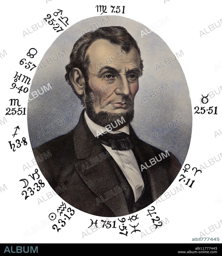 HOROSCOPES - ABRAHAM LINCOLN. Abraham Lincoln was born at Sinking Spring Farm, at 02:07 am, on 12 February 1809. The date (and the following place of birth), are derived from Louis Austin Warren, Lincoln's Parentage & Childhood. A History of the Kentucky Lincolns supported by documentary evidence, 1926, p.82. When asked about his place of birth, Lincoln himself mentioned Nolin Creek, which was on Sinking Spring Farm. This appears to have been about 15 miles SE of Elizabethtown, at what is now called Hodgenville, in Larue County, at 37 33N 85 49W. In the face of the several alternative birth-places proposed in the numerous biographies, I have adopted these coordinates, for the place. Nowhere does the time of birth appear to have been recorded, though some of the early material appears to suggest a birth early in the morning. The complete charting for the above data, supported by rectifications, is as follows:. Moon 23.38 Capricorn   Sun 23.13 Aquarius   Mercury 09.57 Pisces. Venus 07.11 Aries     Mars 25.27 Libra    Jupiter 22.02 Pisces. Saturn 03.08 Sagittarius  Uranus 09.40 Scorpio  Neptune 06.41 Sagittarius. Pluto 13.37 Pisces     Caput 06.57 Scorpio  Fortuna 26.16 Libra. Ascend. 25.51 Scorpio   MC 07.51 Virgo. The image in this horoscope is a coloured lithograph based on a photograph by Matthew Brady. The sigillization adopted for the chart is fairly near in time to the lithograph, being based on the sigils used in Zadkiel's Almanac, and Herald of Astrology, for 1845. See CW archive for more information .....