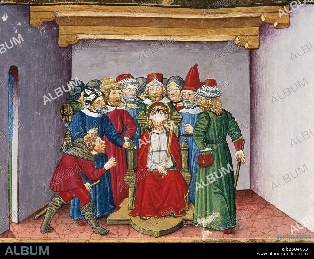 "JESUS ES VESTIDO CON UNA TUNICA PURPURA, TORTURADO Y ESCARNECIDO". Página miniada del CODICE DE PREDIS. Renacimiento-Quattrocento (siglo XV). Biblioteca Real. Turín. Italia.