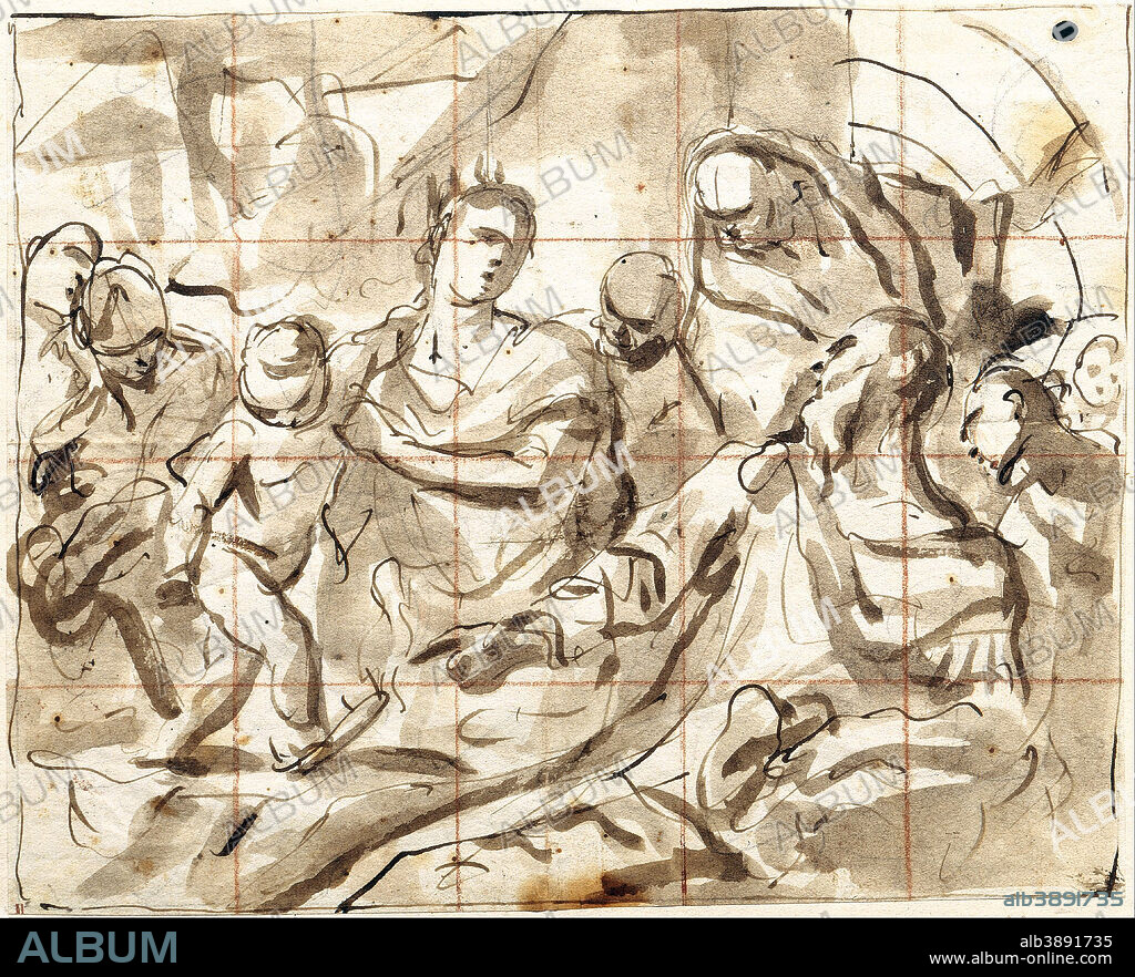 ANTONIO MOLINARI. The Boy Moses stepping on Pharaoh's Crown. Date/Period: 1690s - 1704. Pen, brush and brown ink, over preliminary drawing in graphite, brown wash, squared in red chalk. Feder und Pinsel in Braun, über Vorzeichnung mit Graphitstift, braun laviert, mit Rötel quadriert. Height: 182 mm (7.16 in); Width: 226 mm (8.89 in).