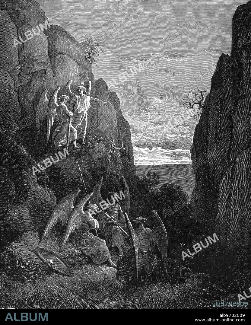 Abdiel and Satan, from 'Paradise Lost illustrated by. Gustave Dore. Angels on Guard.