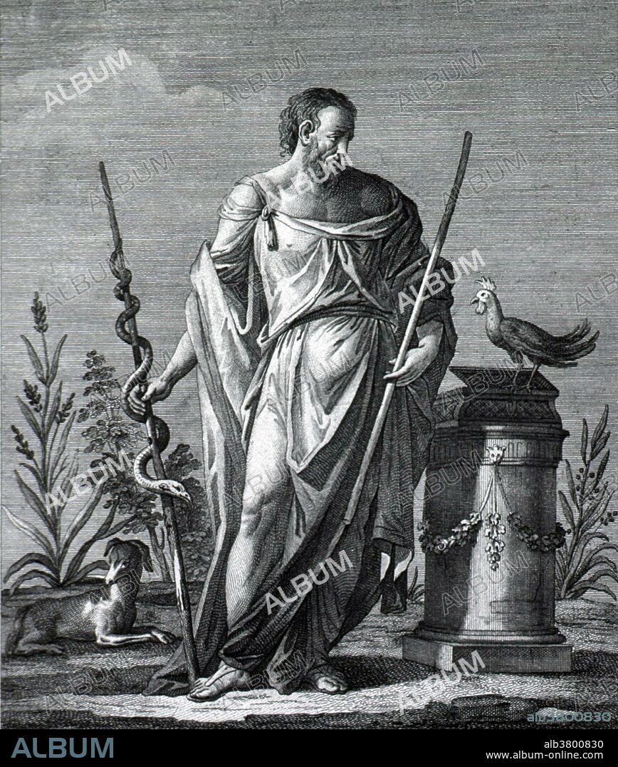 Asclepius (Aesculapius) is the God of Medicine and Healing in ancient Greek religion. Asclepius represents the healing aspect of the medical arts. The rod of Asclepius, a snake-entwined staff, remains a symbol of medicine today (not to be confused with the caduceus, or staff with two snakes). Some historians have proposed that there may have been a historical Asclepius during the Greek Dark Ages, who became the subject of a Hero cult and on whom the mythological character was based. Full length figure of Aesculapius, wearing Grecian robe, and holding staff with sacred serpent. Standing beside a pillar with a cock on top. A small dog lies at his feet.