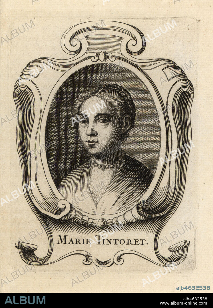 Portrait of Marietta Robusti, Venetian painter of the Renaissance, 1560-1590. Daughter of Tintoretto. Copperplate engraving after a self portrait by Marietta Robusti from Antoine-Joseph Dezallier dArgenvilles Abrege de la vie des plus fameux peintres, Lives of the most Famous Artists, de Bure lAine, Paris, 1762.