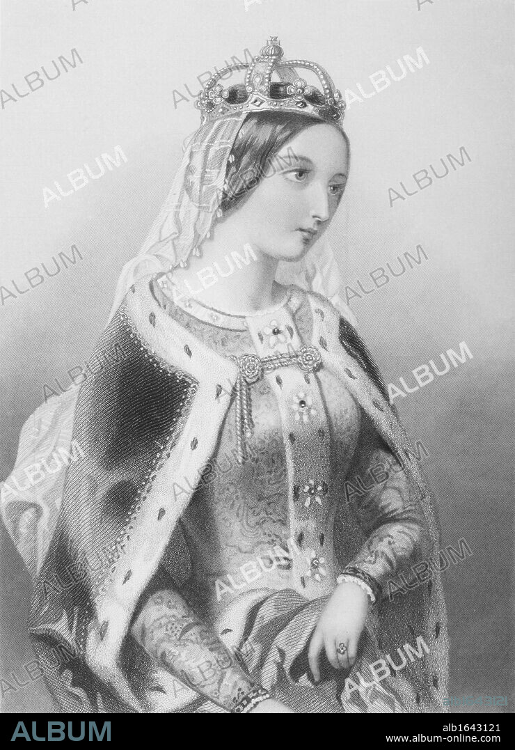 Katherine of Valois, 1401-1437. Queen of King Henry V of England. Engraved by F. Holl after A. Bouvier.From the book "The Queens of England, Volume I" by Sydney Wilmot. Published London circa. 1890.