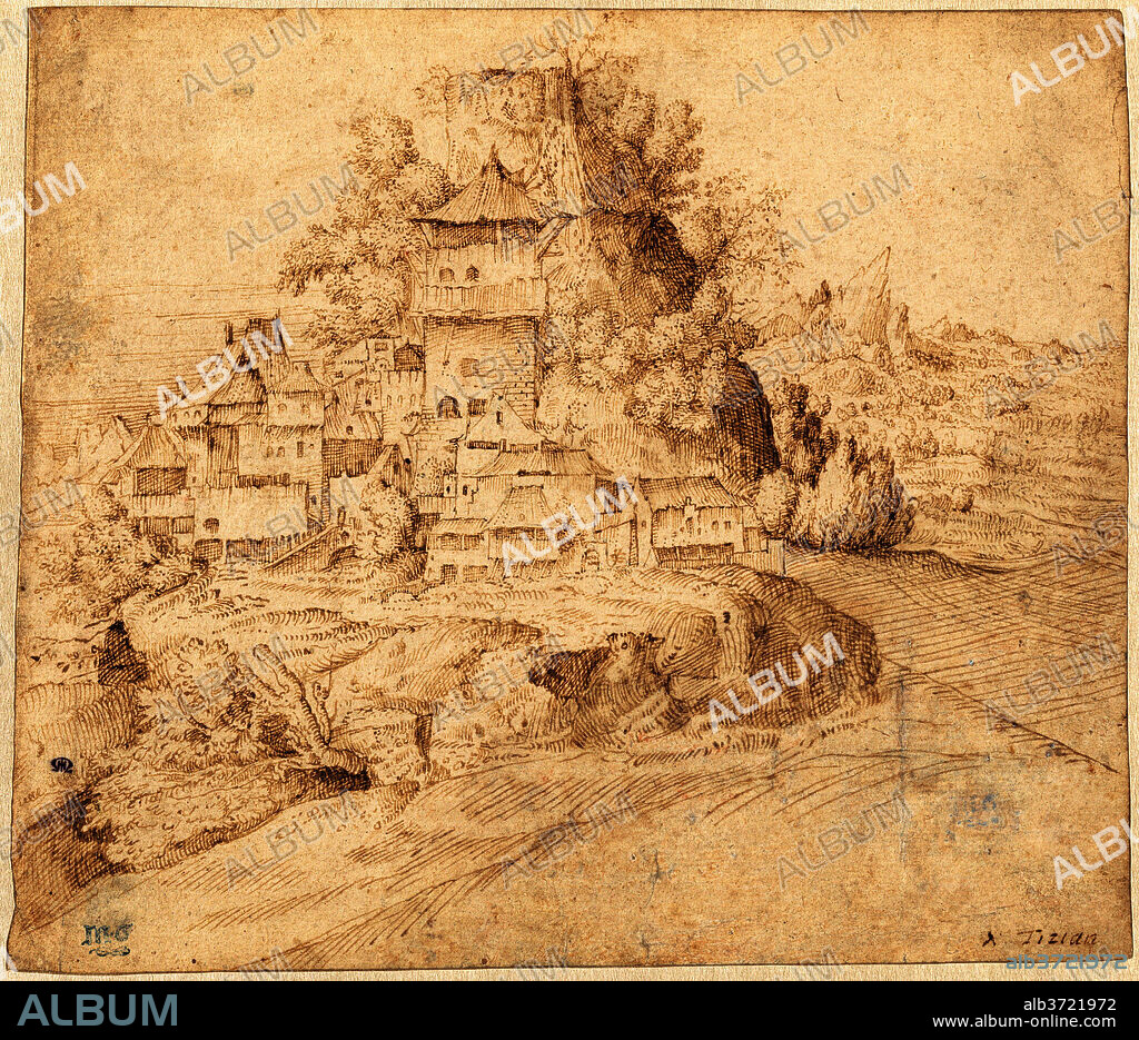 GIULIO CAMPAGNOLA. A Village by a Cliff (recto). Dated: c. 1513. Dimensions: overall: 18.7 x 21.9 cm (7 3/8 x 8 5/8 in.). Medium: pen and brown ink on laid paper.
