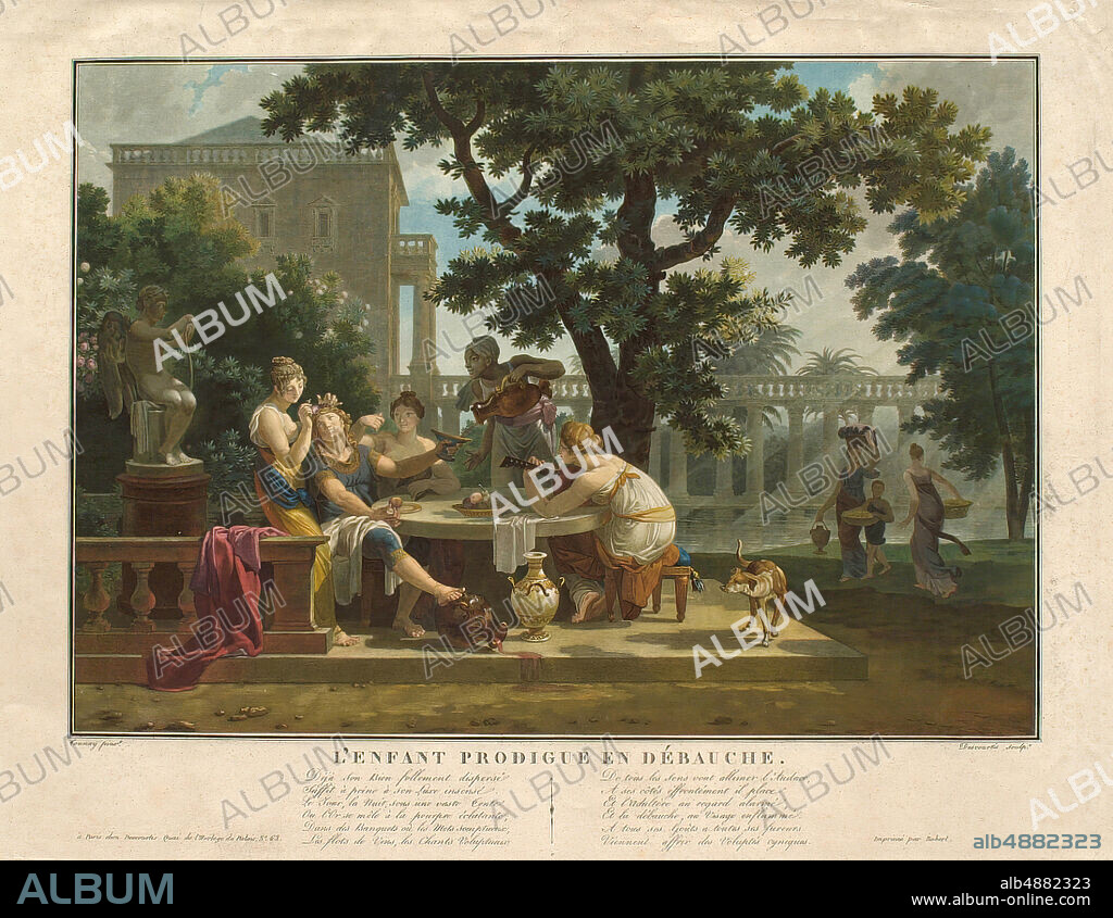 Charles-Melchior Descourtis, French, 1753-1820, After Nicolas Antoine Taunay, (French, 1755-1830), L'Enfant Prodigue en débauche, 1763-1820, Color engraving on paper, Border: 12 3/16 x 17 5/16 in. (30.9 x 43.9 cm).