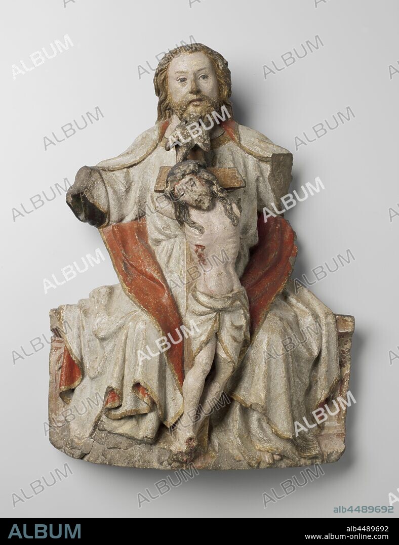 The Mercy Seat, God the father sits frontally on a couch with the crucified Christ in front of him. From his mouth the Holy Spirit, in the form of a dove, flies down to the head of Christ. God the Father, whose head leans slightly to the left, stares straight ahead with a soft expression. His hair falls on the back, the long mustache hangs down the corners of the mouth. The slightly bent right arm is raised, with the left hand he will have held the cross. Christ's body bends slightly to the left, the thorn-crowned head with half-opened mouth lies against the right shoulder. God the Father wears, over a robe that is received around the waist like a choir shirt, a wide cloak that falls open through the spread arms, but which comes together between the knees and hangs over the couch and knees in large folds. The toes of the left foot appear under the cloak. Christ wears a loincloth, God the Father holding the crucifix, 'Gnadenstuhl', Mercy-Seat, Throne of Grace, anonymous, Utrecht, c. 1420 - c. 1430, sandstone, h 59 cm × w 42 cm × d 17 cm × w 22 kg.