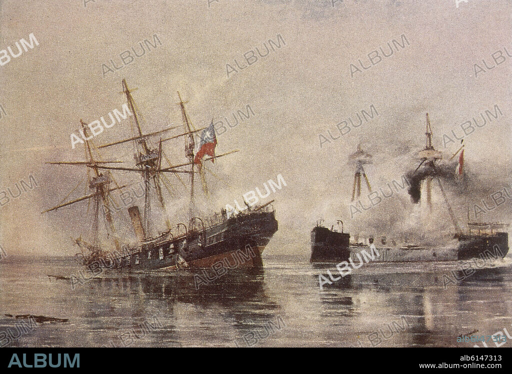 COMBATE NAVAL DE ANGAMOS EL 8 DE OCTUBRE DE 1879 - BLINDADOS CHILENOS - EL BUQUE PERUANO HUASCAR CON LA FRAGATA CHILENA BLANCO ENCALADA.