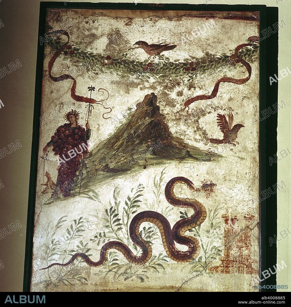 Roman wallpainting, Pompeii, Italy; showing Mount Vesuvius and the figure of Bacchus (Dionysus) god of wine wearing clusters of grapes or of the Genius Loci. The snake is a protective cthonic deity.