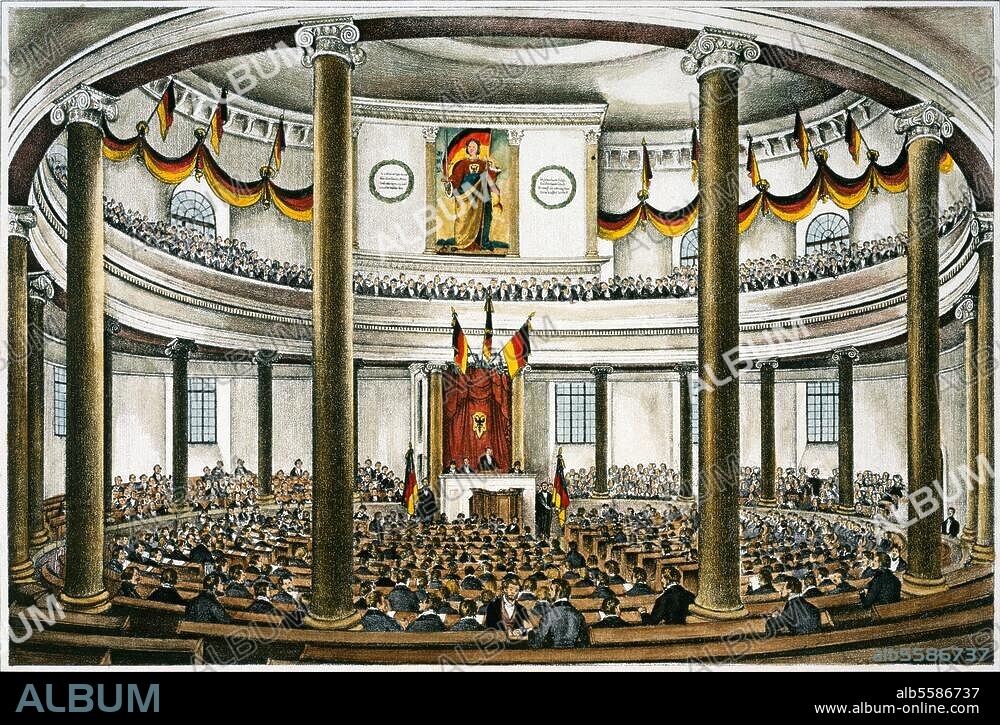 ANONYM. Revolution 1848/49. Deutsche Nationalversammlung in der Paulskirche in Frankfurt a. M. Eröffnung am 18. Mai 1848 mit Heinrich von Gagern als Präsident. "Eröffnung des deutschen Parlaments in der Paulskirche zu Frankfurt a. M.". Kreidelithographie, unbez., zeitgen., spätere Kolorierung. Berlin, Sammlung Archiv für Kunst und Geschichte.
