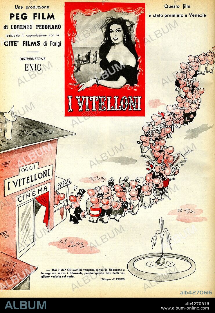 Advertisements in Italy in the first industrial age. Movie 'I Vitelloni' 1953. Federico Fellini, Alberto Sordi. Italy.